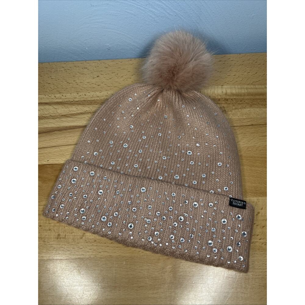 VICTORIA'S SECRET PINK KNIT SPARKLE GEMS POM POM BEANIE HAT CAP WINTER WARM